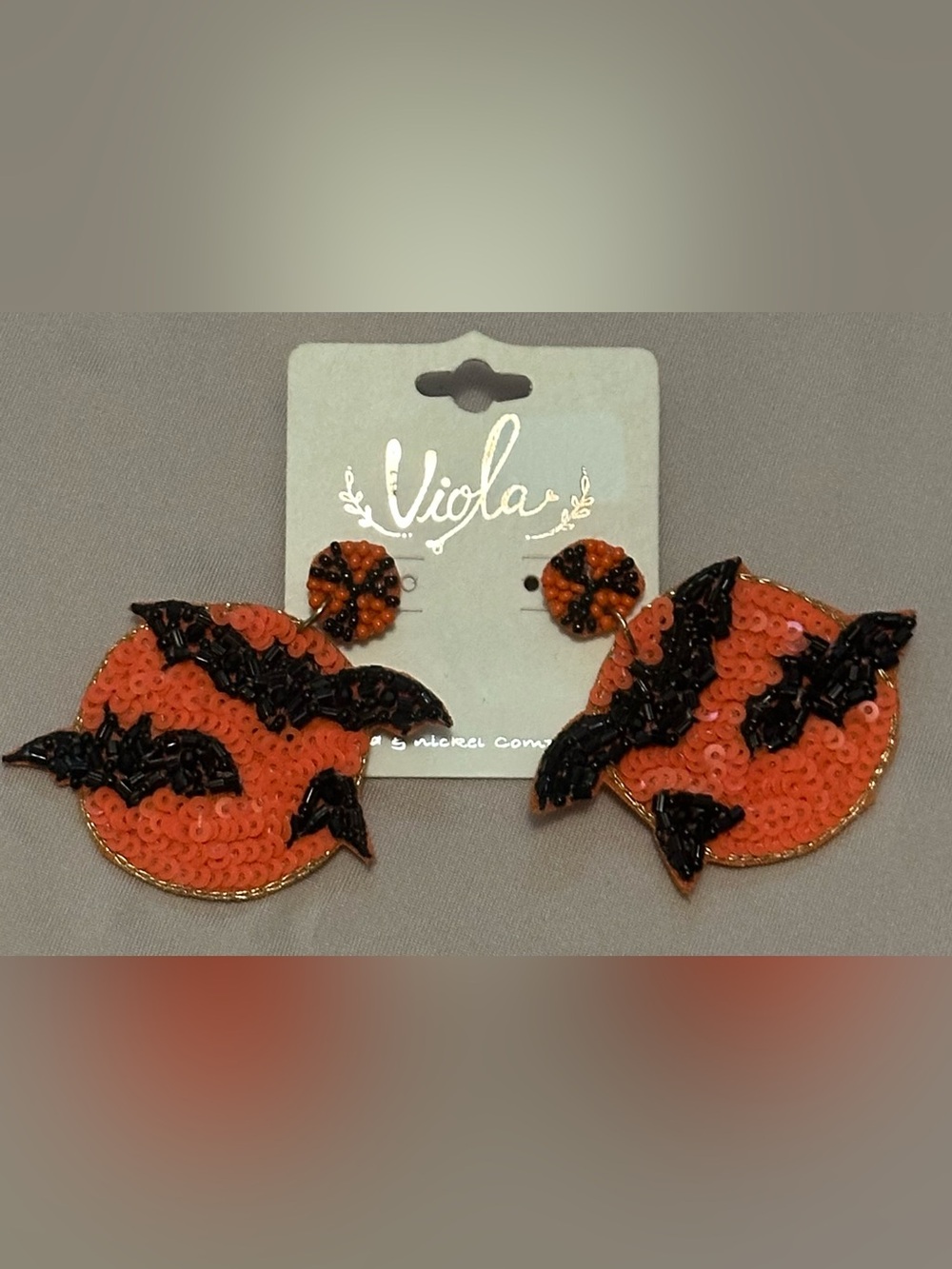 Viola Orange and Black Sequin & Beaded Bat/Moon silhouette Earrings